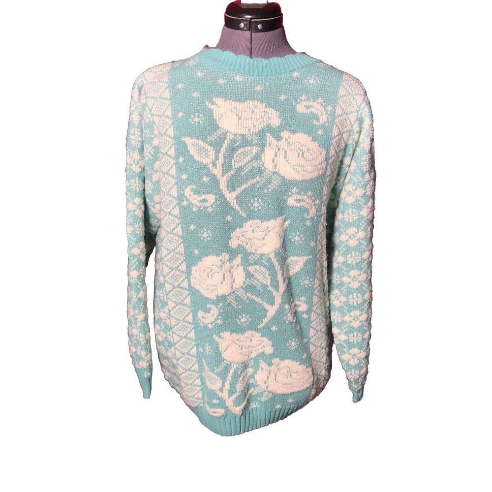 Vtg 80s 90s Pastel Sweater Novelty Blue Sparkle Rose Knit Grandma Kawaii M/L B44